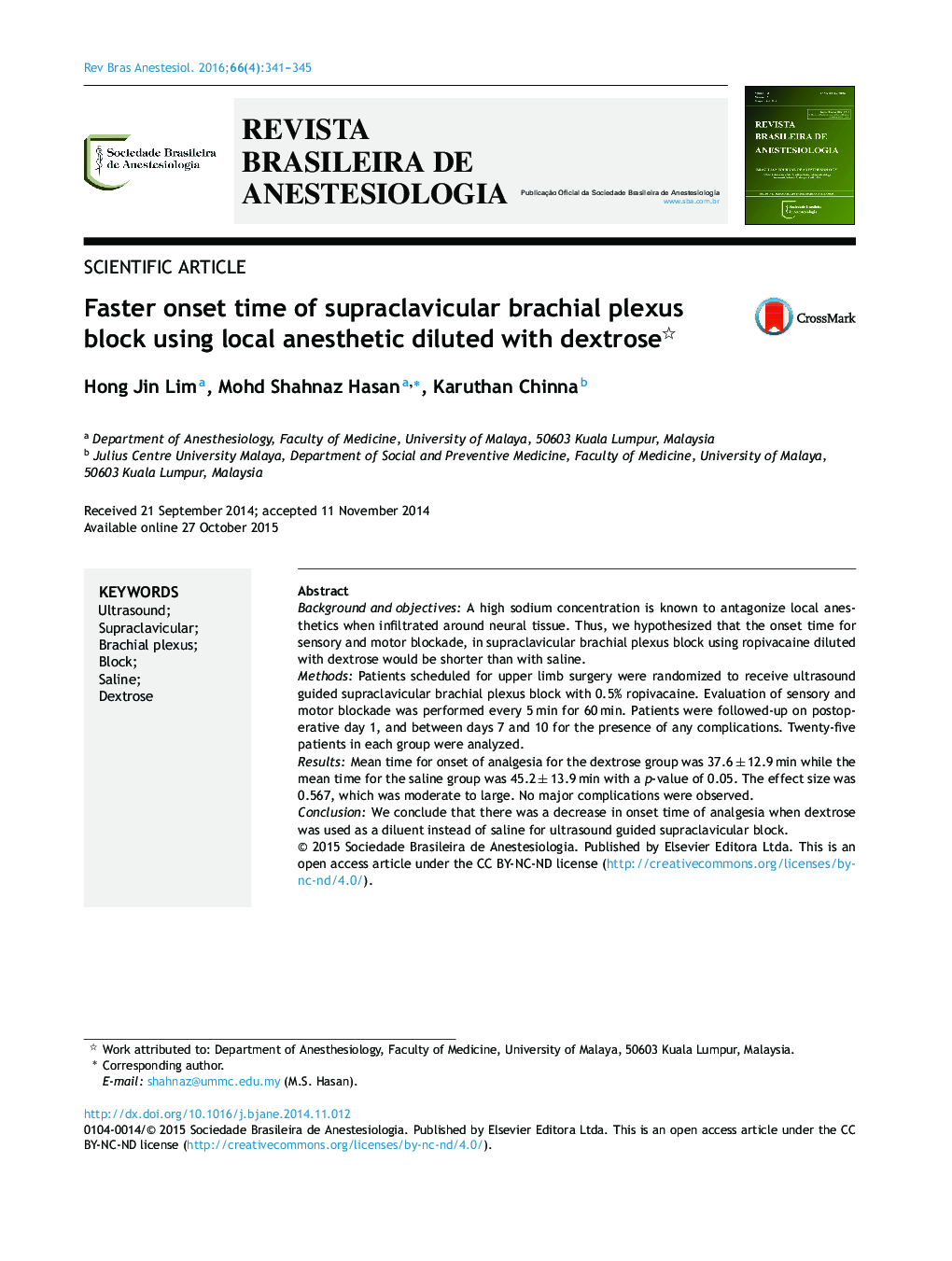 Faster onset time of supraclavicular brachial plexus block using local anesthetic diluted with dextrose 