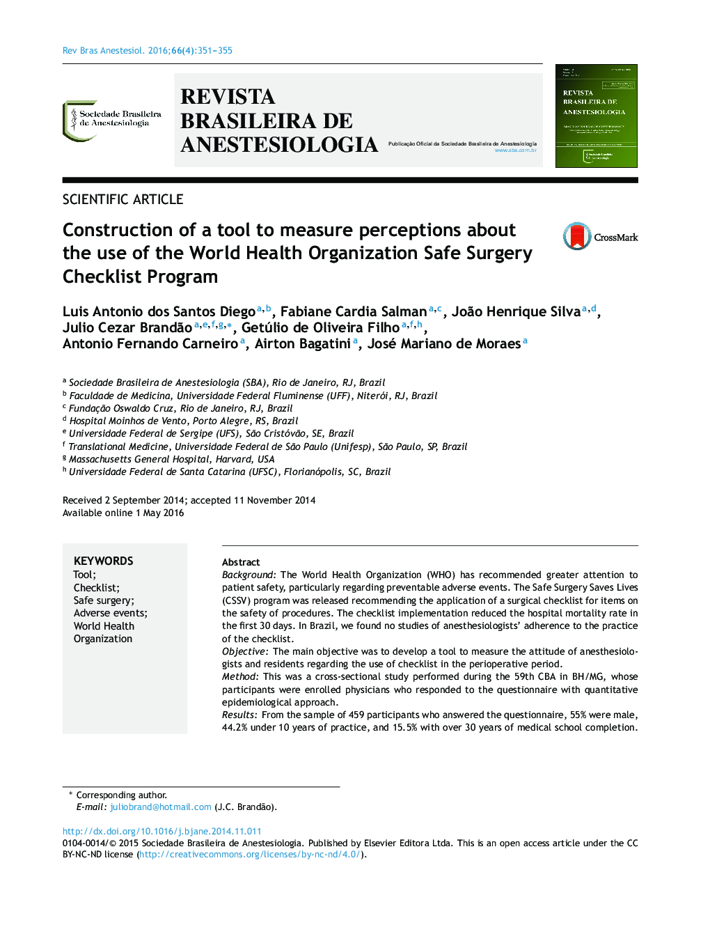 Construction of a tool to measure perceptions about the use of the World Health Organization Safe Surgery Checklist Program