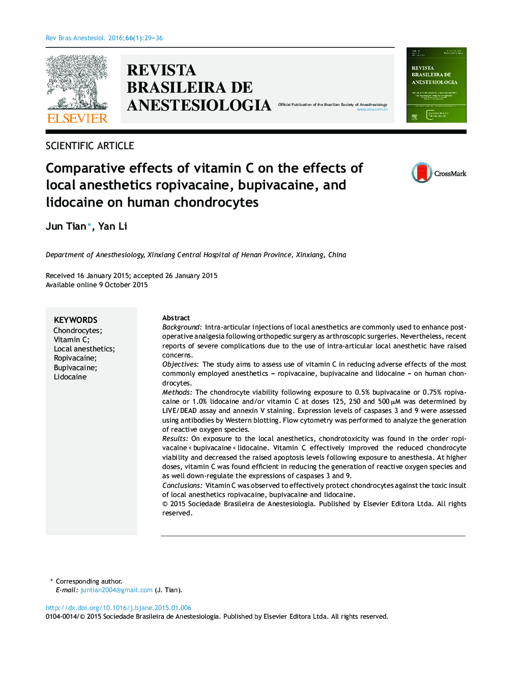 Comparative effects of vitamin C on the effects of local anesthetics ropivacaine, bupivacaine, and lidocaine on human chondrocytes