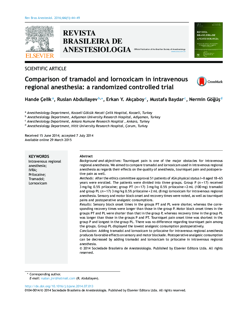 Comparison of tramadol and lornoxicam in intravenous regional anesthesia: a randomized controlled trial