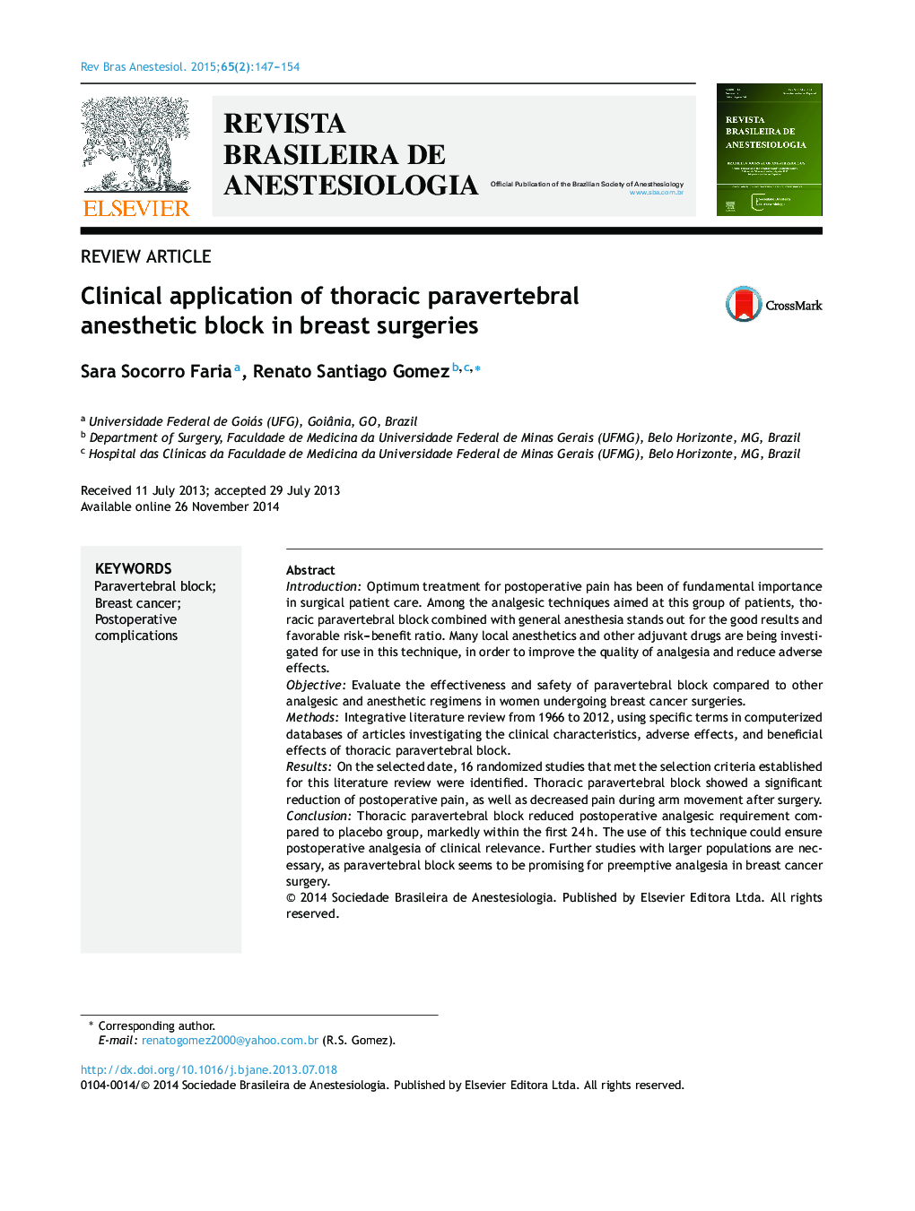 Clinical application of thoracic paravertebral anesthetic block in breast surgeries