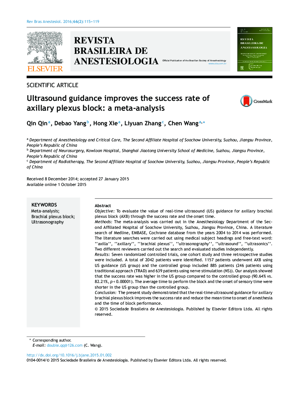 Ultrasound guidance improves the success rate of axillary plexus block: a meta-analysis