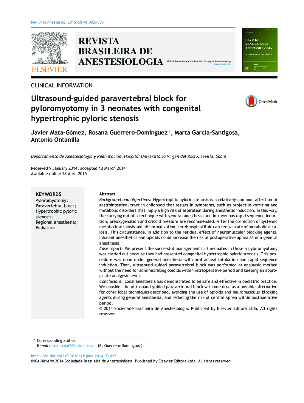 Ultrasound-guided paravertebral block for pyloromyotomy in 3 neonates with congenital hypertrophic pyloric stenosis