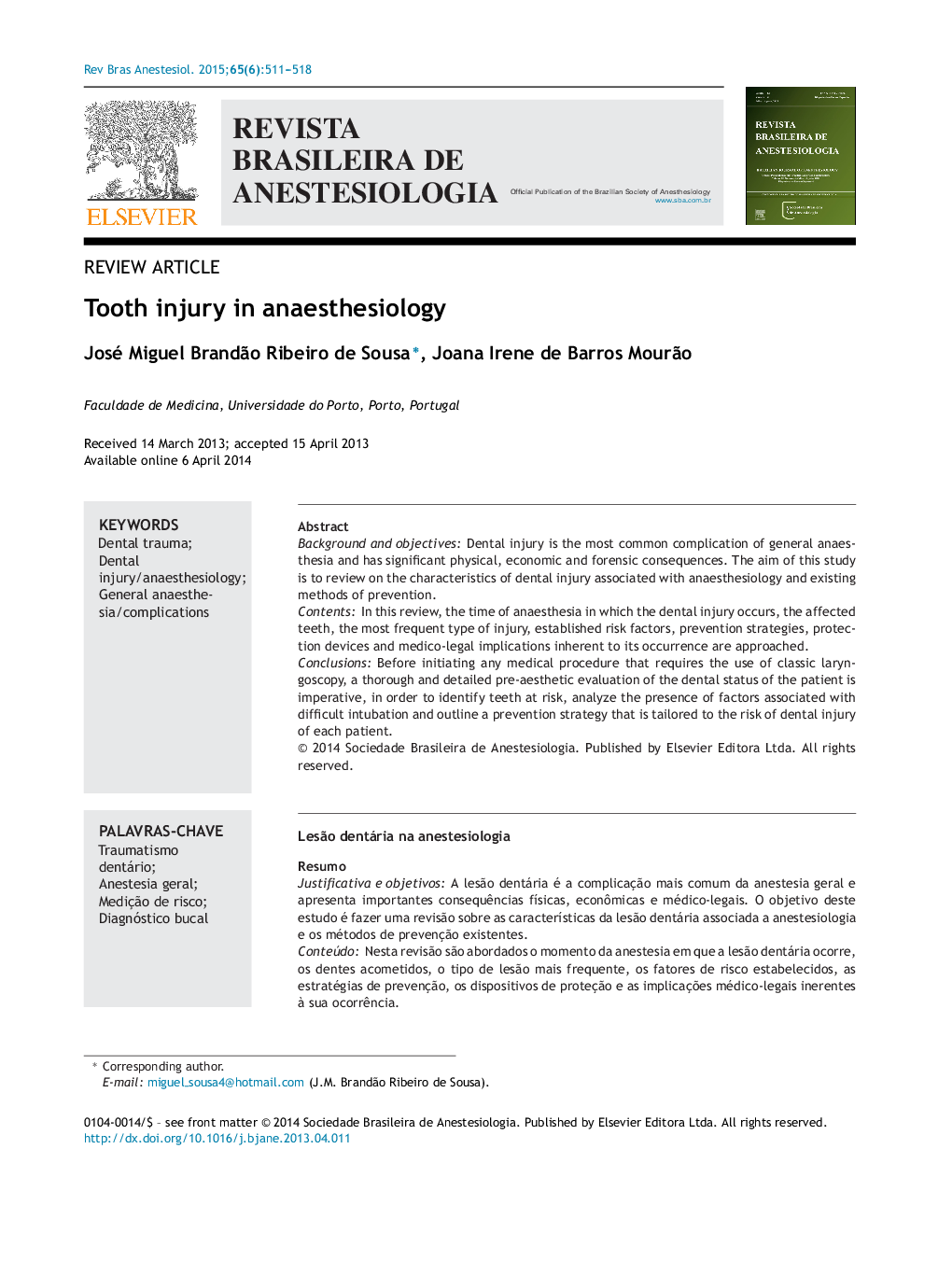 Tooth injury in anaesthesiology