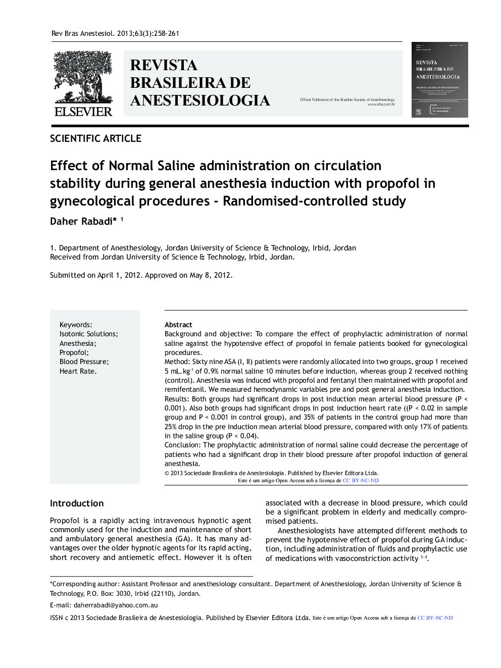 Effect of Normal Saline administration on circulation stability during general anesthesia induction with propofol in gynecological procedures - Randomised-controlled study 
