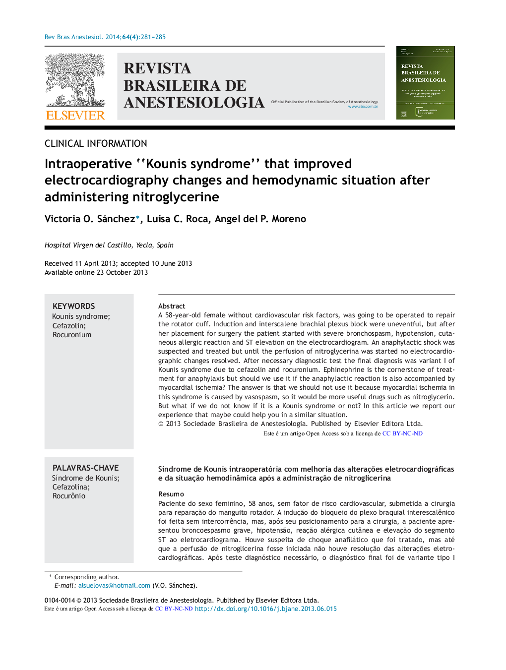 Intraoperative “Kounis syndrome” that improved electrocardiography changes and hemodynamic situation after administering nitroglycerine