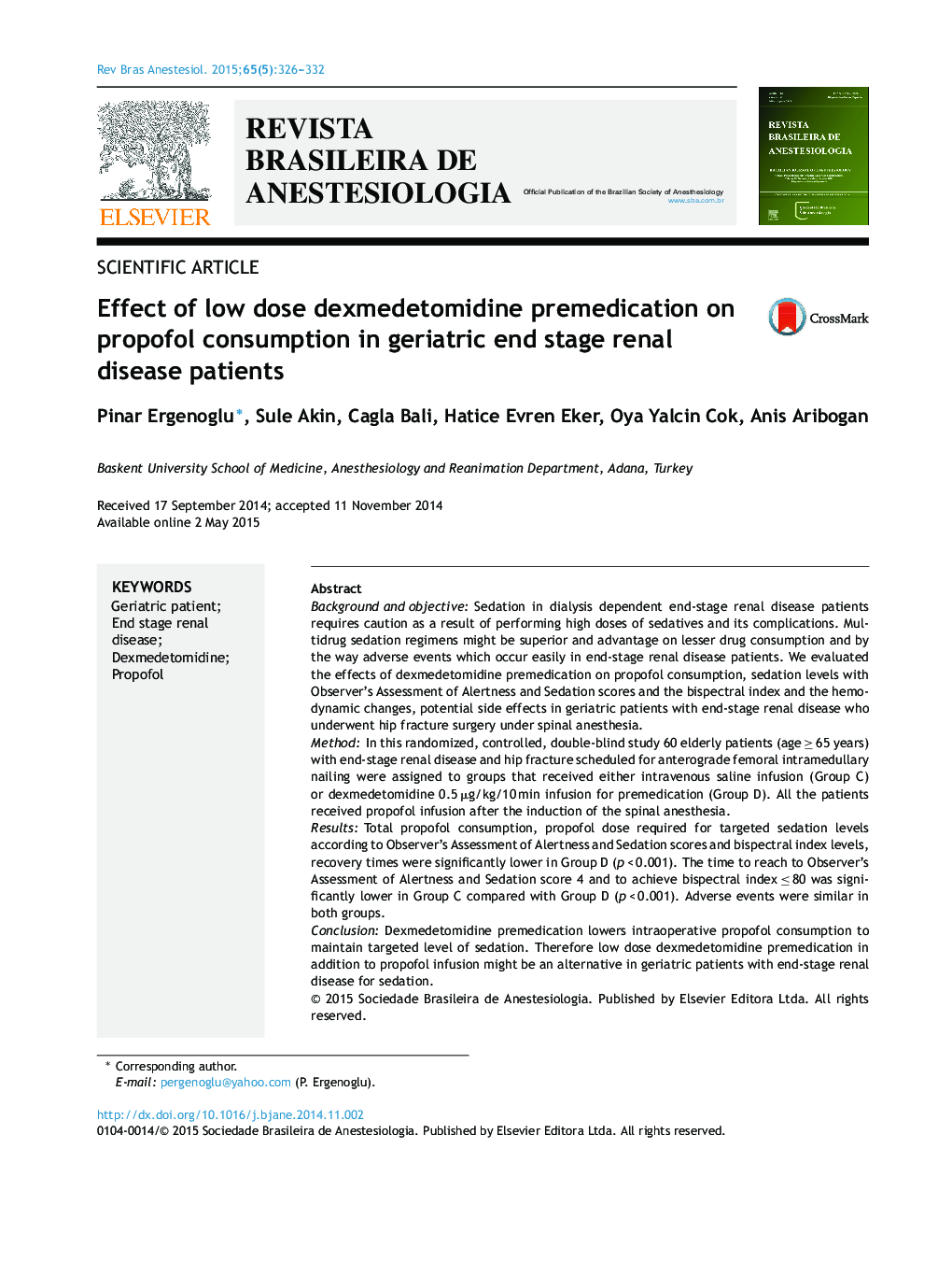 Effect of low dose dexmedetomidine premedication on propofol consumption in geriatric end stage renal disease patients