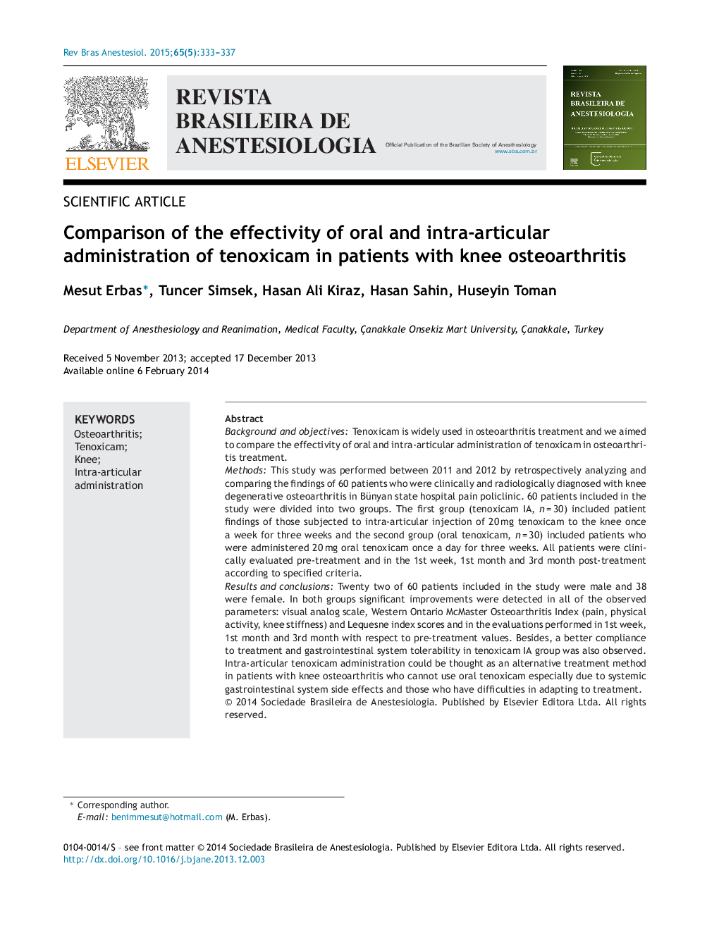 Comparison of the effectivity of oral and intra-articular administration of tenoxicam in patients with knee osteoarthritis