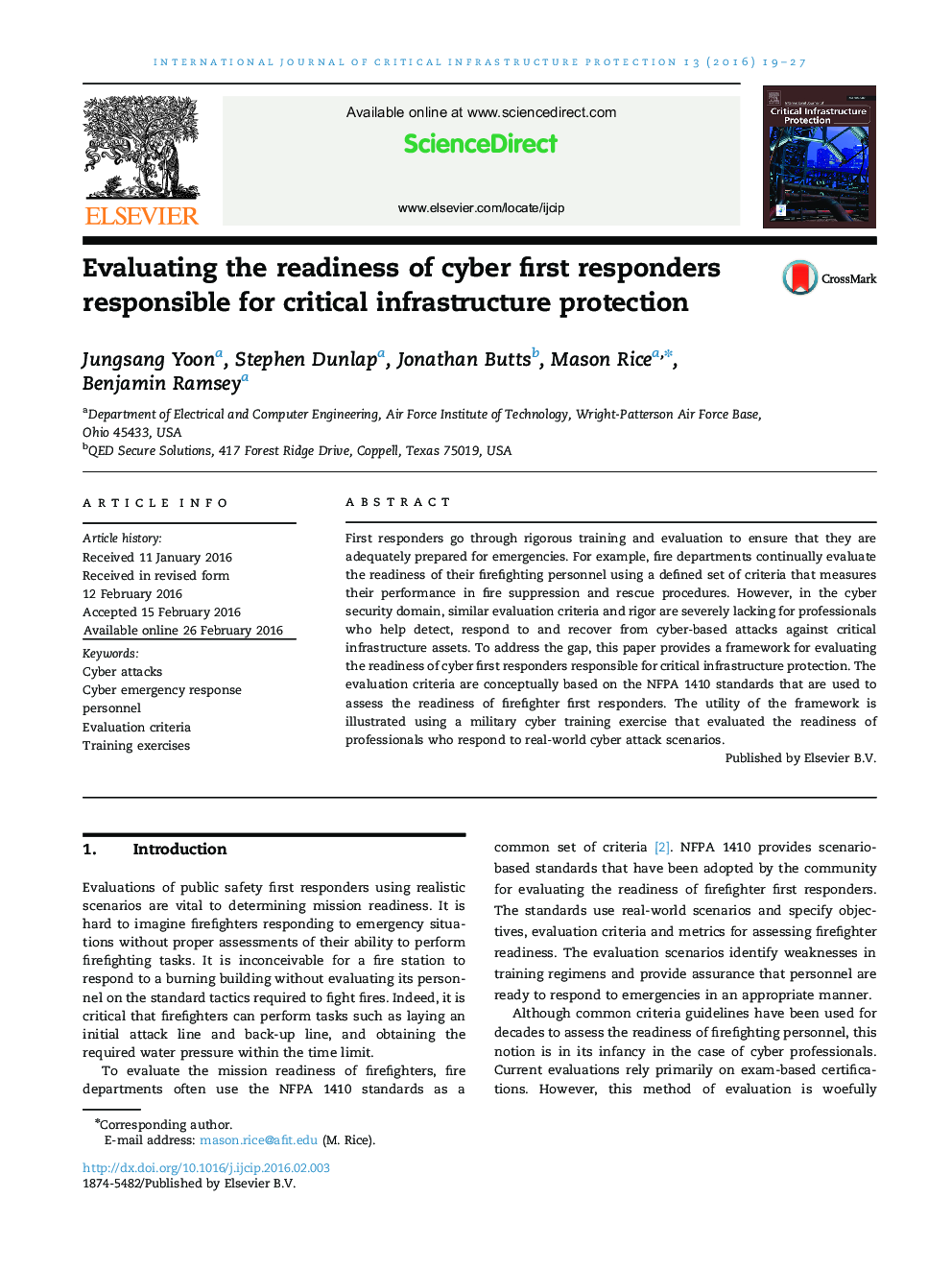 Evaluating the readiness of cyber first responders responsible for critical infrastructure protection