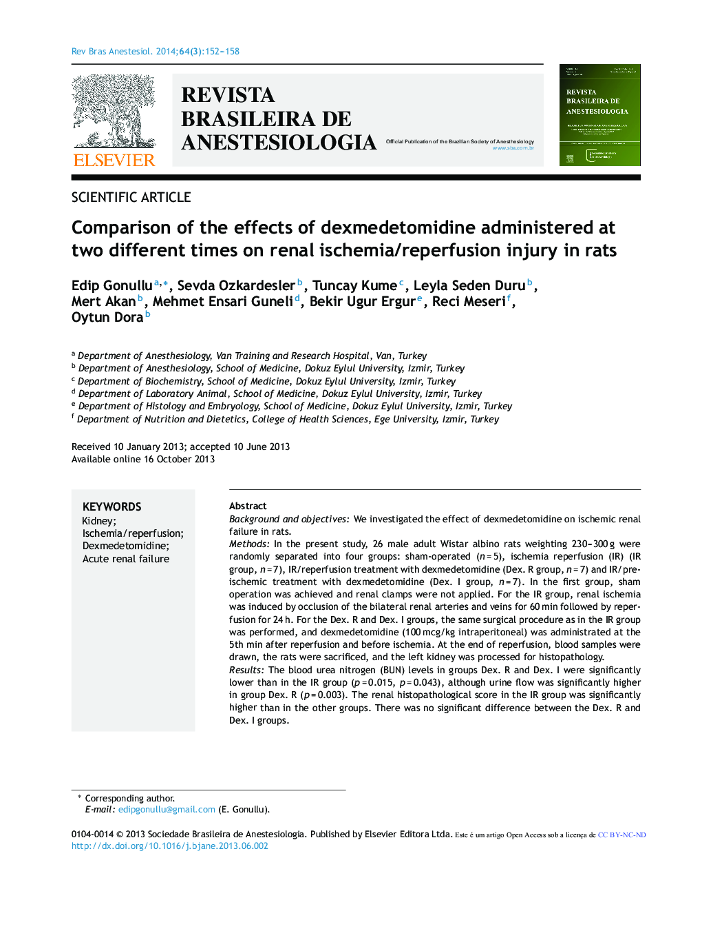 Comparison of the effects of dexmedetomidine administered at two different times on renal ischemia/reperfusion injury in rats