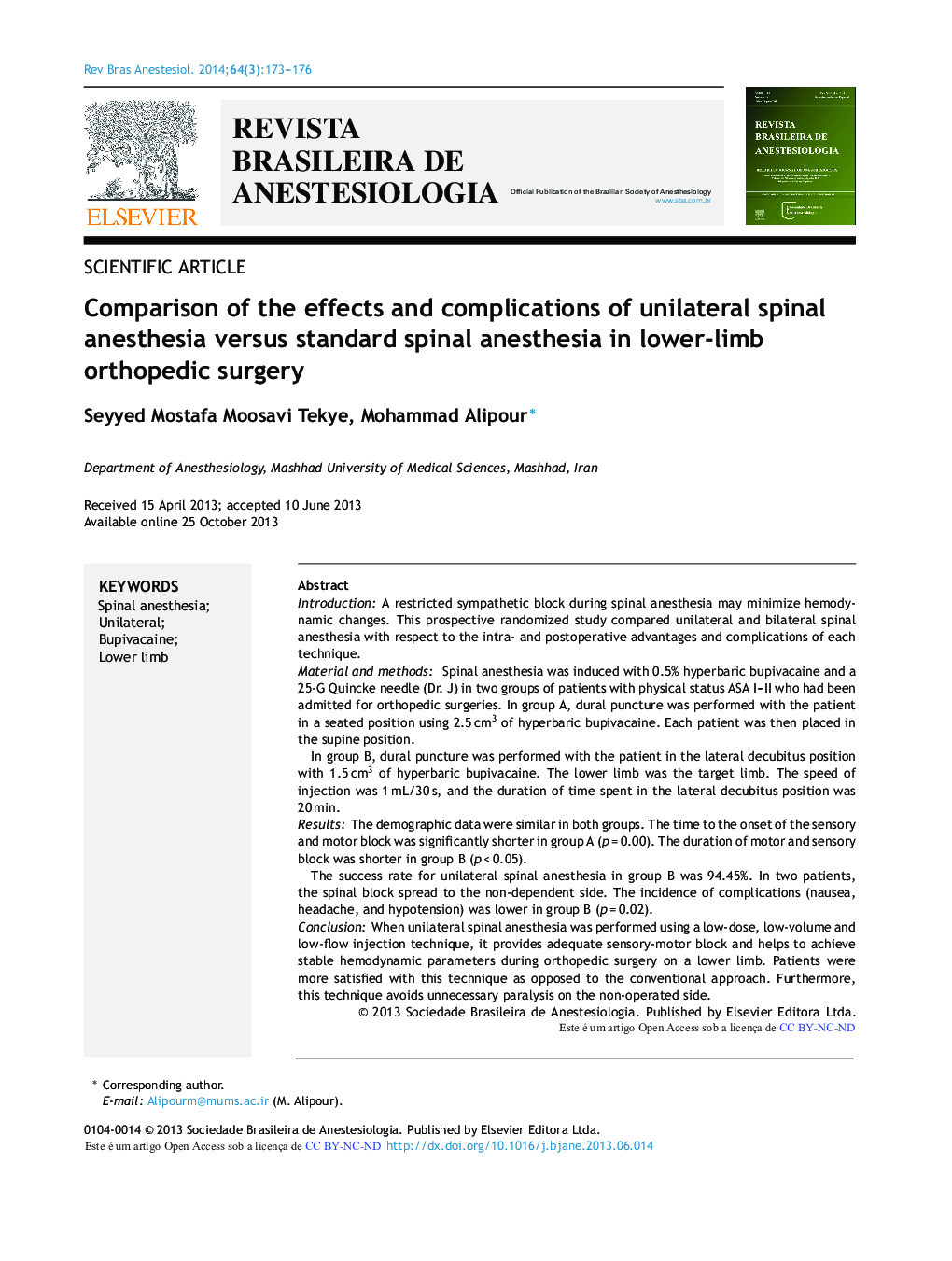 Comparison of the effects and complications of unilateral spinal anesthesia versus standard spinal anesthesia in lower-limb orthopedic surgery