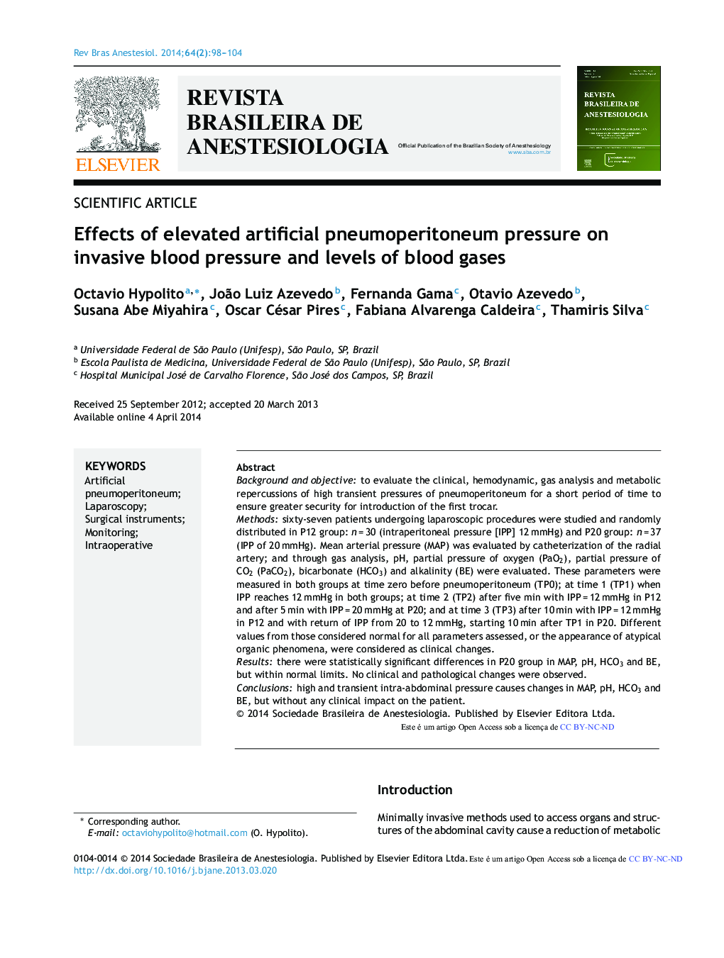 Effects of elevated artificial pneumoperitoneum pressure on invasive blood pressure and levels of blood gases
