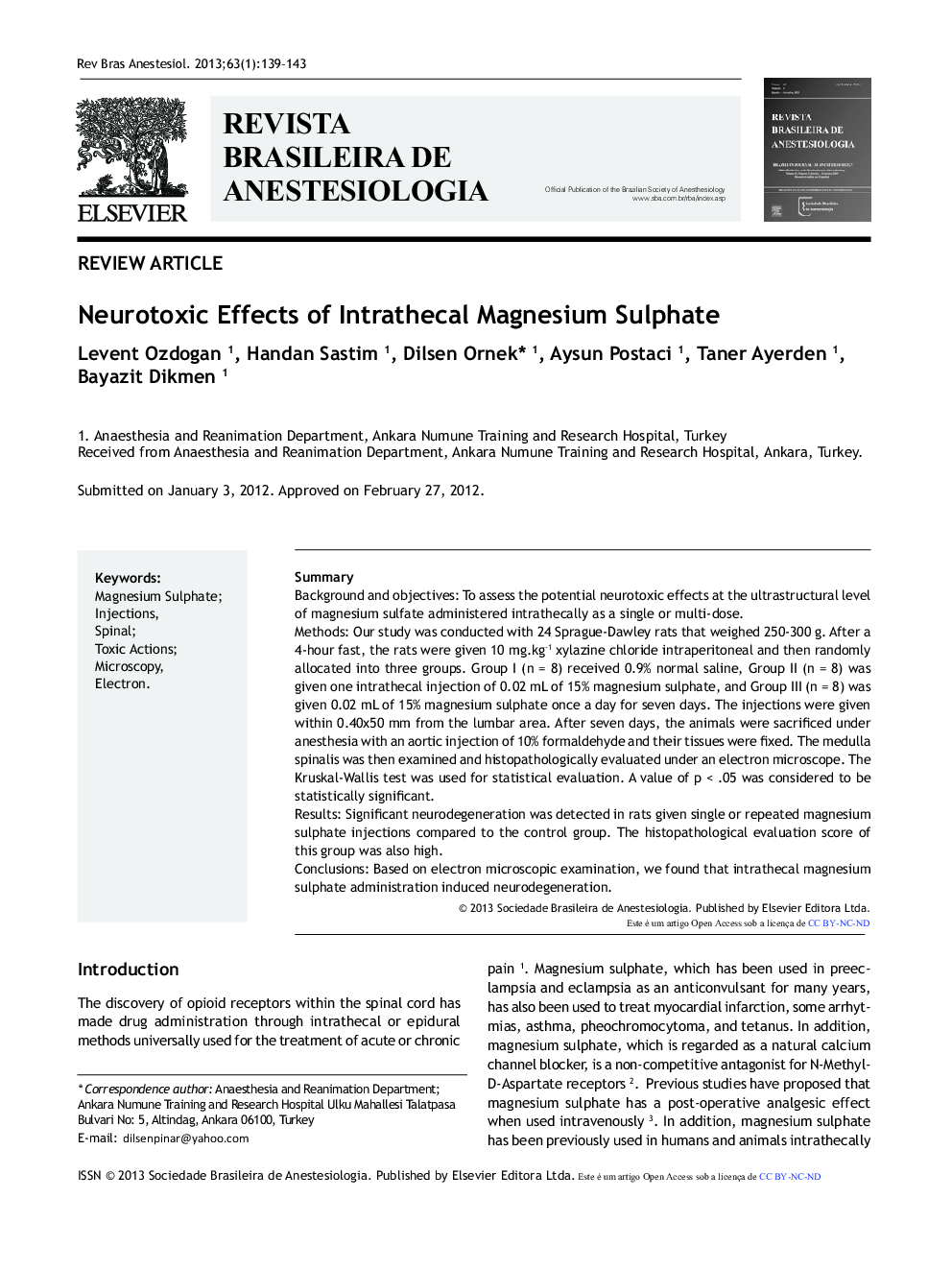 Neurotoxic Effects of Intrathecal Magnesium Sulphate 