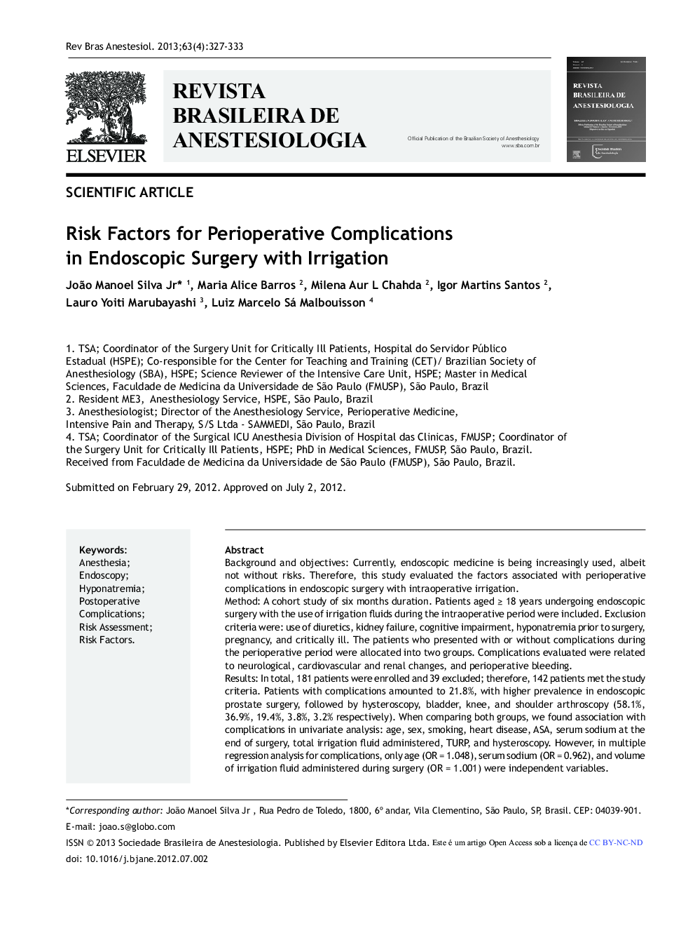 عکس صفحه اول مقاله: Risk Factors for Perioperative Complications in Endoscopic Surgery with Irrigation Risk Factors for Perioperative Complications in Endoscopic Surgery with Irrigation