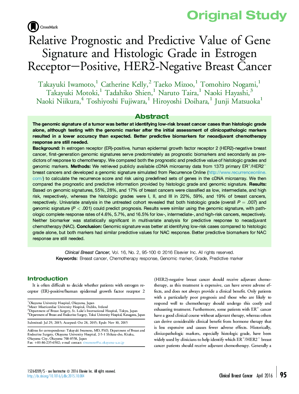 Relative Prognostic and Predictive Value of Gene Signature and Histologic Grade in Estrogen Receptor-Positive, HER2-Negative Breast Cancer