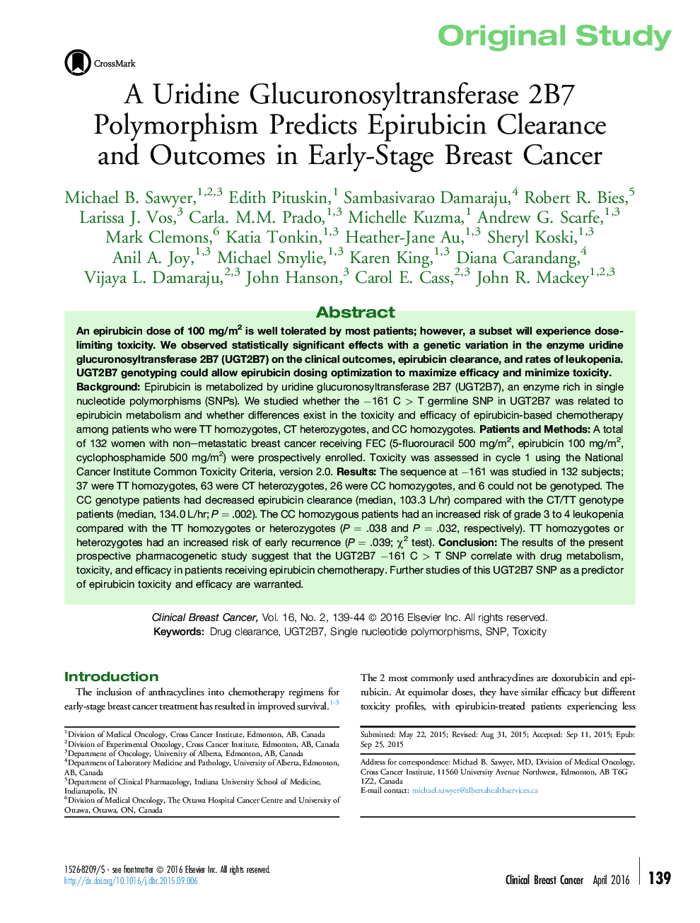 A Uridine Glucuronosyltransferase 2B7 Polymorphism Predicts Epirubicin Clearance and Outcomes in Early-Stage Breast Cancer