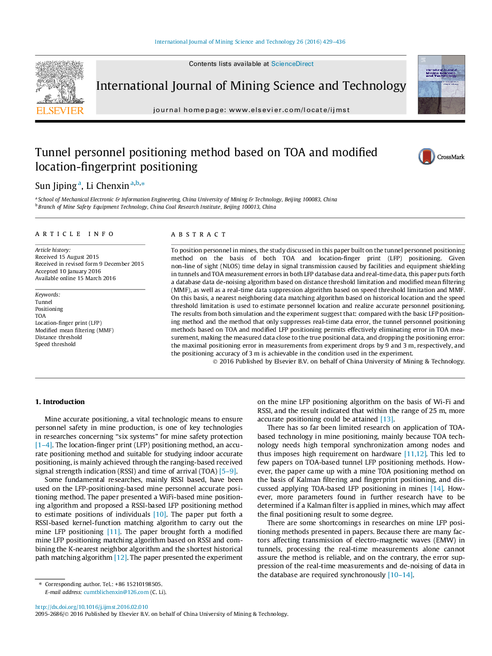 Tunnel personnel positioning method based on TOA and modified location-fingerprint positioning