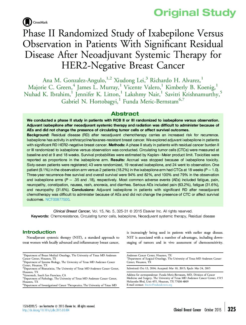 Phase II Randomized Study of Ixabepilone Versus Observation in Patients With Significant Residual Disease After Neoadjuvant Systemic Therapy for HER2-Negative Breast Cancer