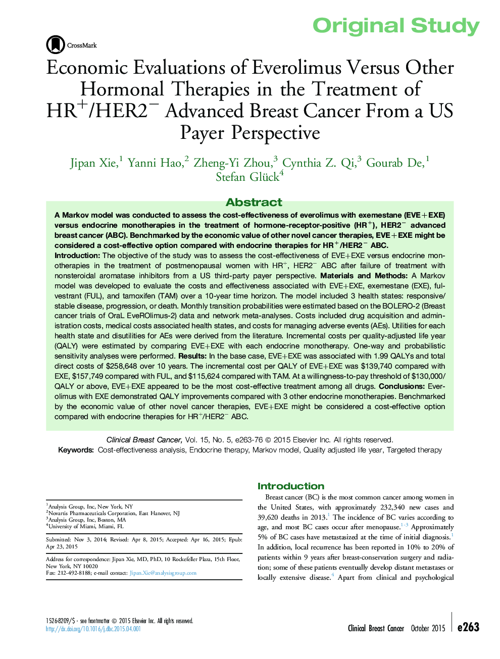 Economic Evaluations of Everolimus Versus Other Hormonal Therapies in the Treatment of HR+/HER2â Advanced Breast Cancer From a US Payer Perspective