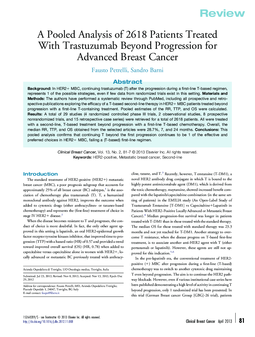 A Pooled Analysis of 2618 Patients Treated With Trastuzumab Beyond Progression for Advanced Breast Cancer