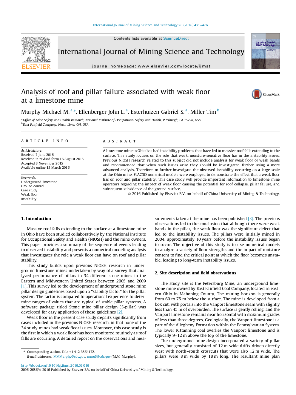 Analysis of roof and pillar failure associated with weak floor at a limestone mine