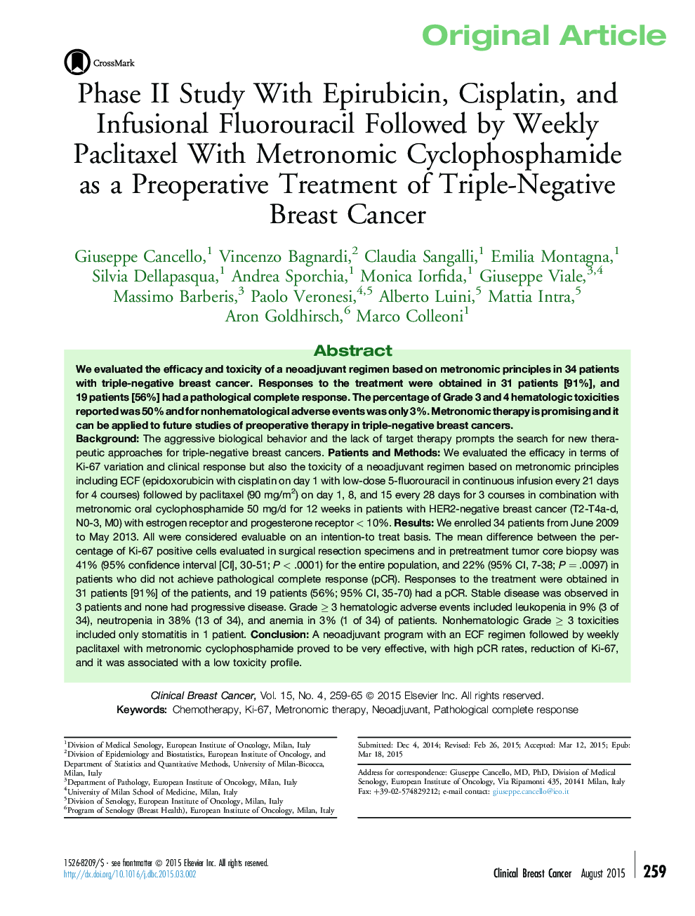 Phase II Study With Epirubicin, Cisplatin, and Infusional Fluorouracil Followed by Weekly Paclitaxel With Metronomic Cyclophosphamide as a Preoperative Treatment of Triple-Negative Breast Cancer