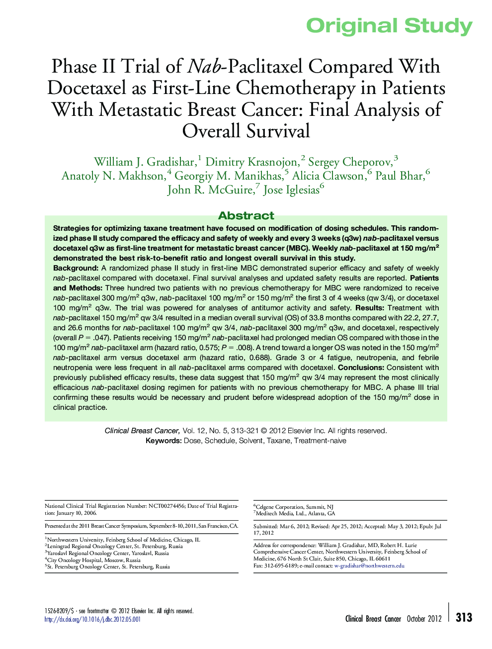 Phase II Trial of Nab-Paclitaxel Compared With Docetaxel as First-Line Chemotherapy in Patients With Metastatic Breast Cancer: Final Analysis of Overall Survival 