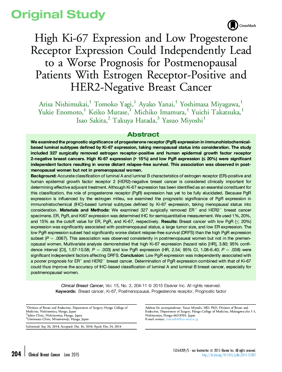 High Ki-67 Expression and Low Progesterone Receptor Expression Could Independently Lead to a Worse Prognosis for Postmenopausal Patients With Estrogen Receptor-Positive and HER2-Negative Breast Cancer