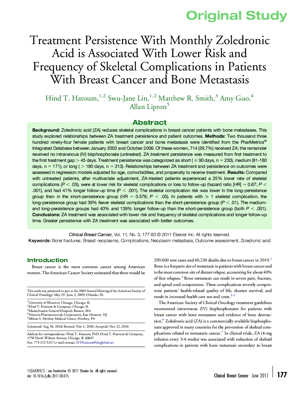 Treatment Persistence With Monthly Zoledronic Acid is Associated With Lower Risk and Frequency of Skeletal Complications in Patients With Breast Cancer and Bone Metastasis