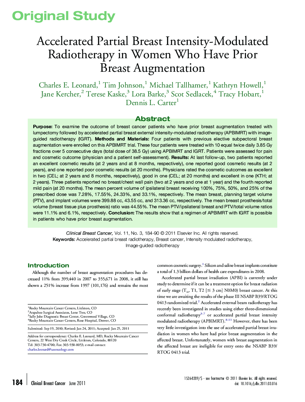 Accelerated Partial Breast Intensity-Modulated Radiotherapy in Women Who Have Prior Breast Augmentation