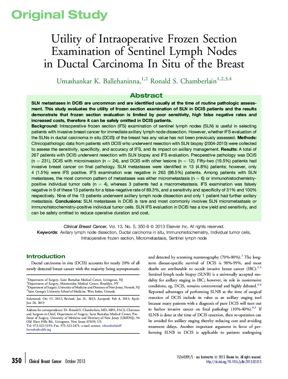 Utility of Intraoperative Frozen Section Examination of Sentinel Lymph Nodes in Ductal Carcinoma In Situ of the Breast