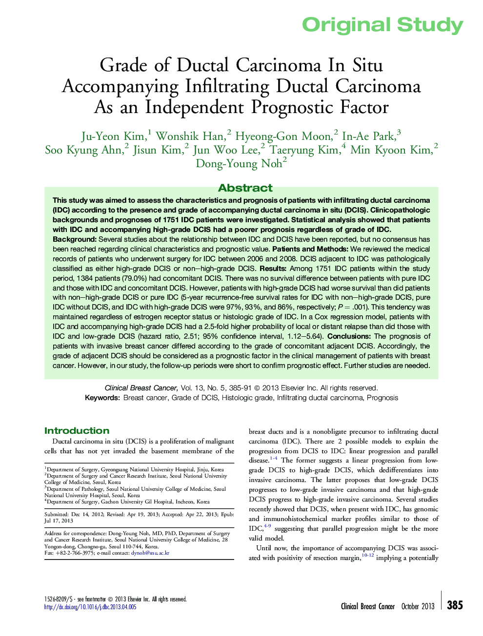 Grade of Ductal Carcinoma In Situ Accompanying Infiltrating Ductal Carcinoma As an Independent Prognostic Factor