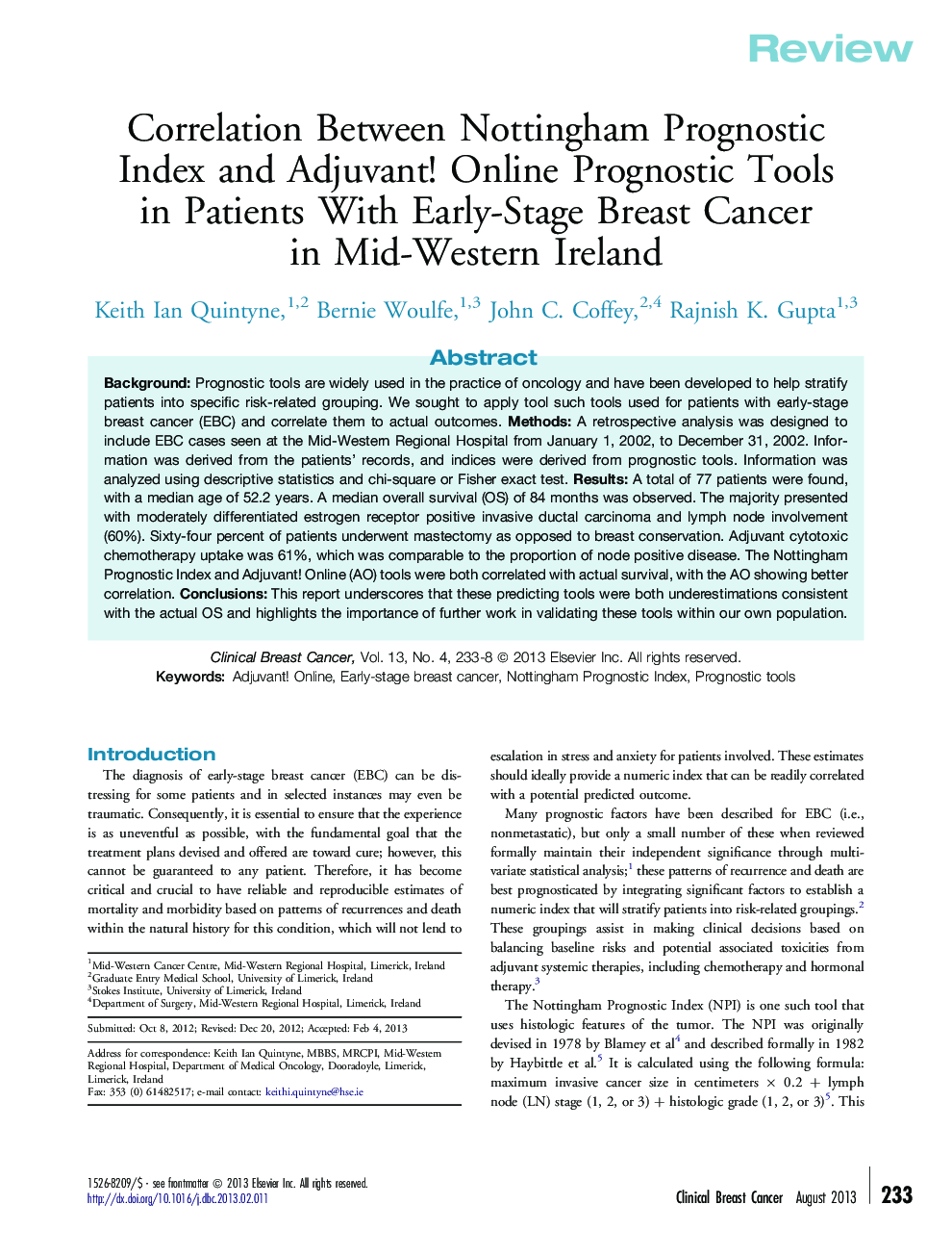 Correlation Between Nottingham Prognostic Index and Adjuvant! Online Prognostic Tools in Patients With Early-Stage Breast Cancer in Mid-Western Ireland