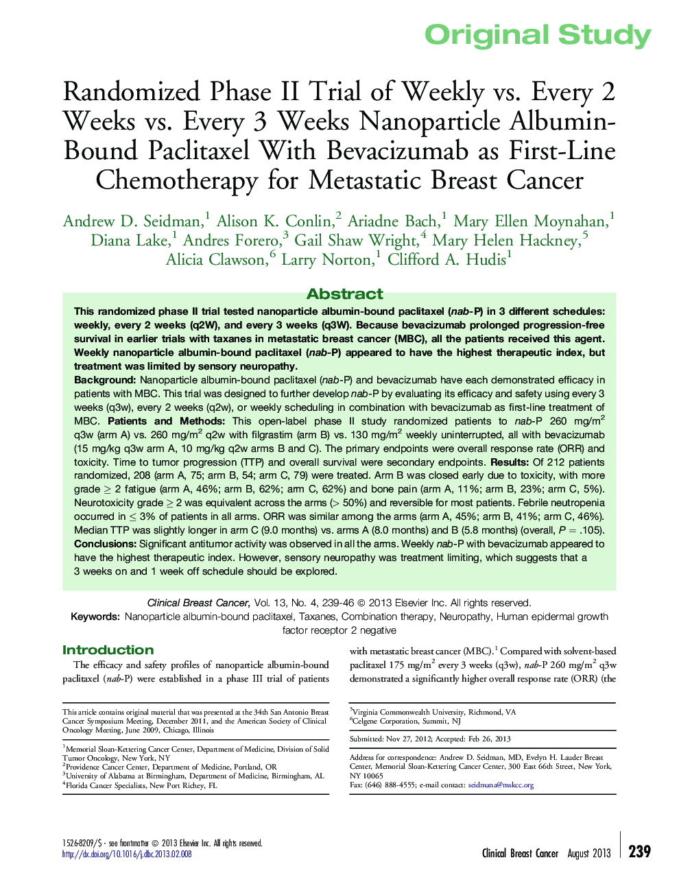 Randomized Phase II Trial of Weekly vs. Every 2 Weeks vs. Every 3 Weeks Nanoparticle Albumin-Bound Paclitaxel With Bevacizumab as First-Line Chemotherapy for Metastatic Breast Cancer