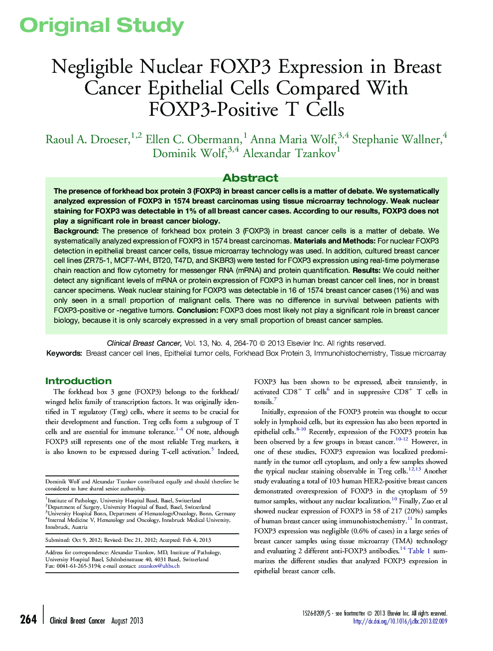 Negligible Nuclear FOXP3 Expression in Breast Cancer Epithelial Cells Compared With FOXP3-Positive T Cells 