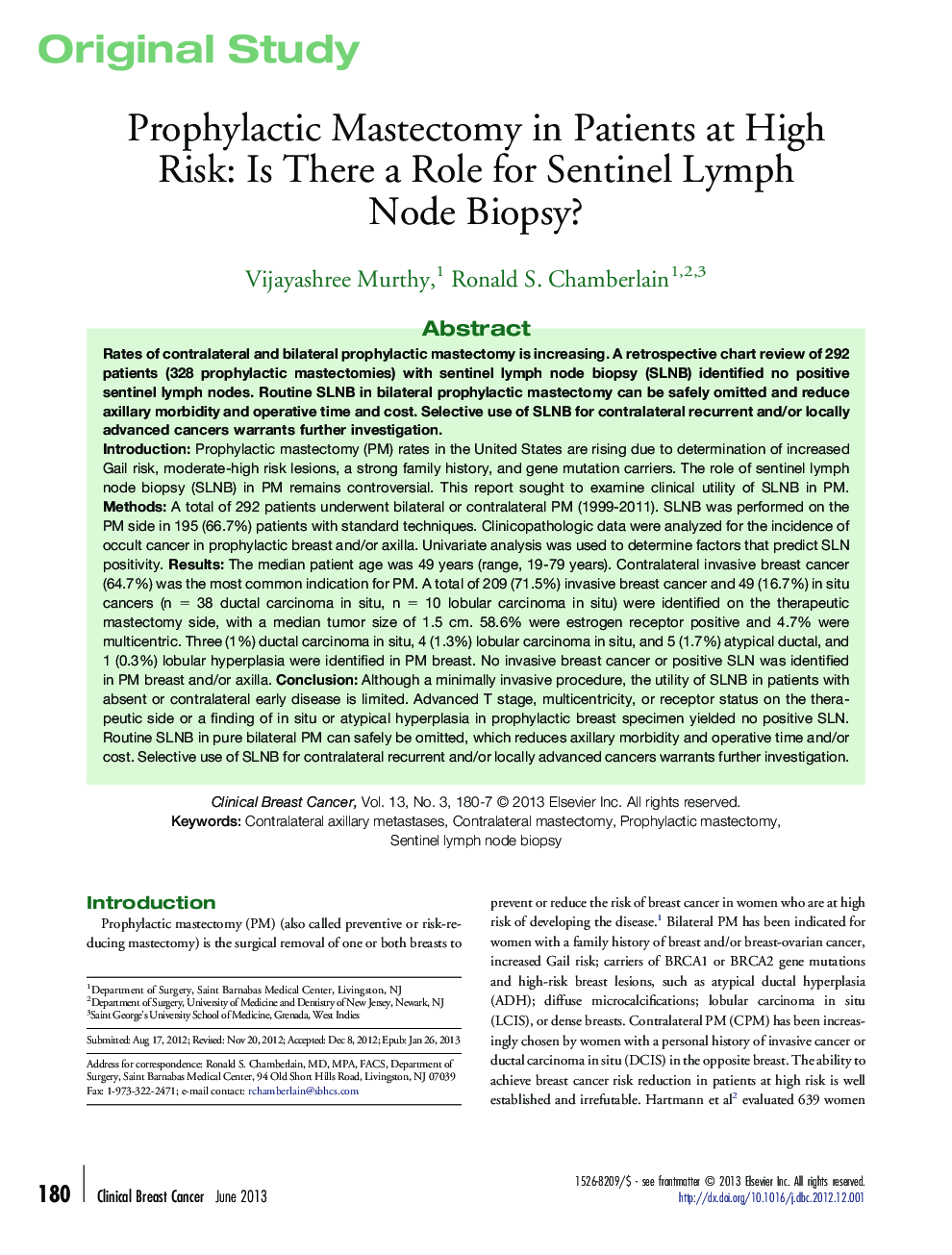 Prophylactic Mastectomy in Patients at High Risk: Is There a Role for Sentinel Lymph Node Biopsy?
