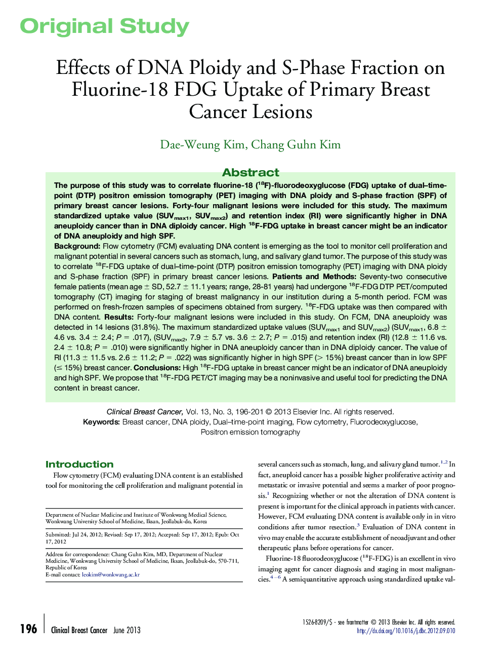 Effects of DNA Ploidy and S-Phase Fraction on Fluorine-18 FDG Uptake of Primary Breast Cancer Lesions