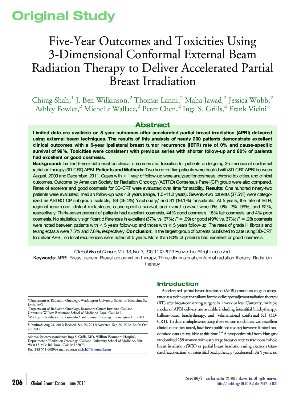 Five-Year Outcomes and Toxicities Using 3-Dimensional Conformal External Beam Radiation Therapy to Deliver Accelerated Partial Breast Irradiation