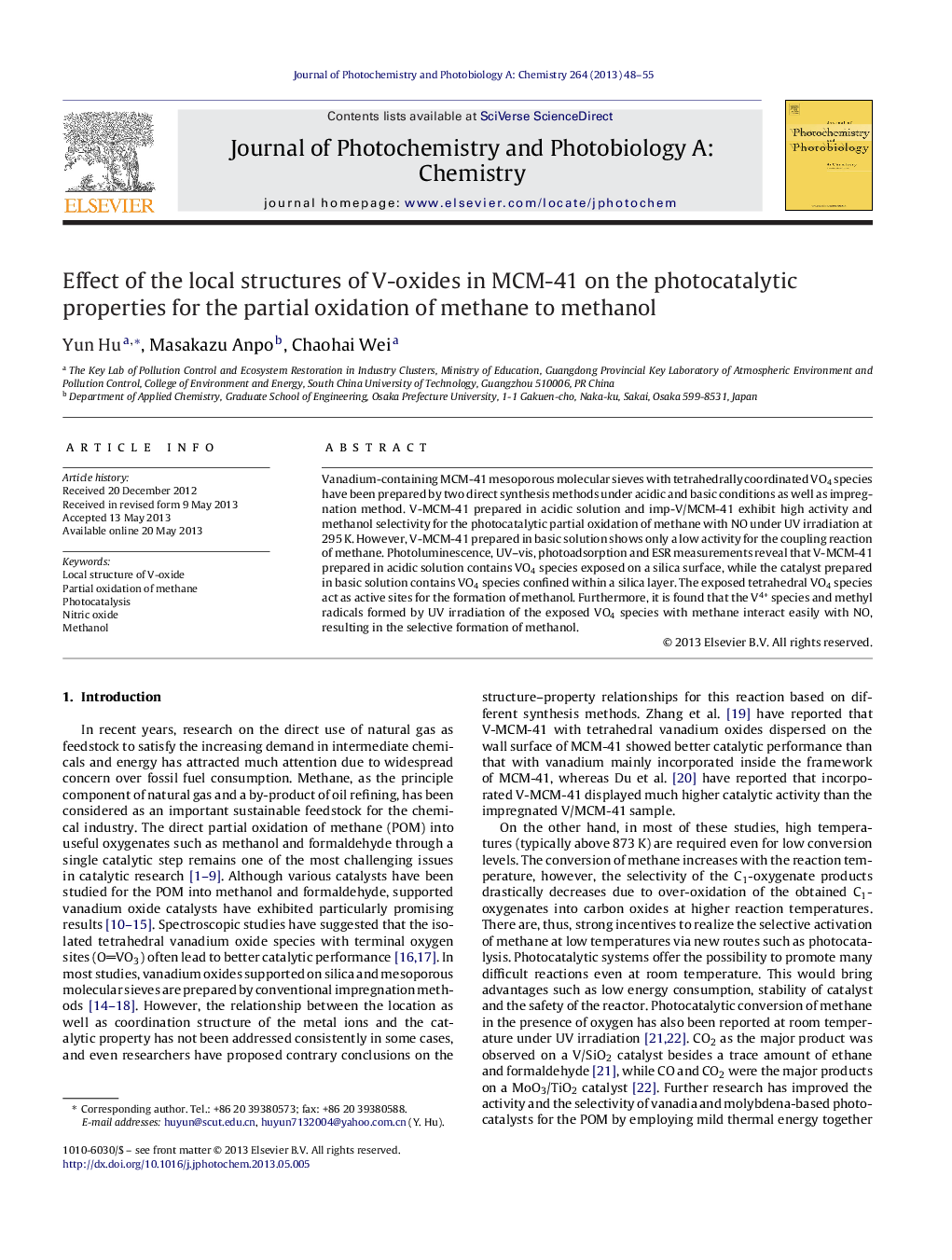 Effect of the local structures of V-oxides in MCM-41 on the photocatalytic properties for the partial oxidation of methane to methanol