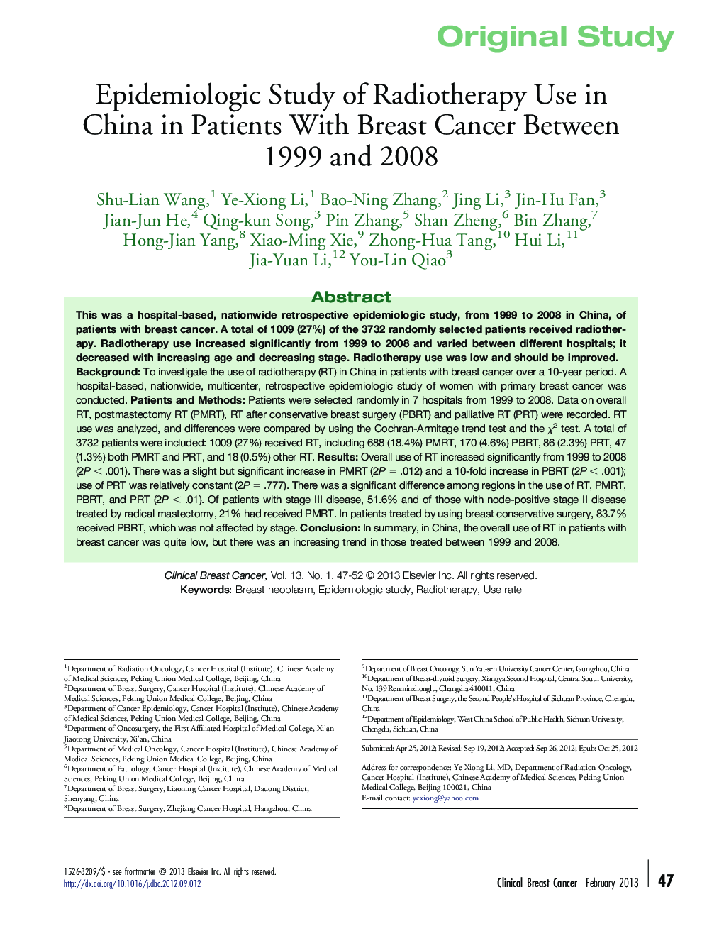Epidemiologic Study of Radiotherapy Use in China in Patients With Breast Cancer Between 1999 and 2008
