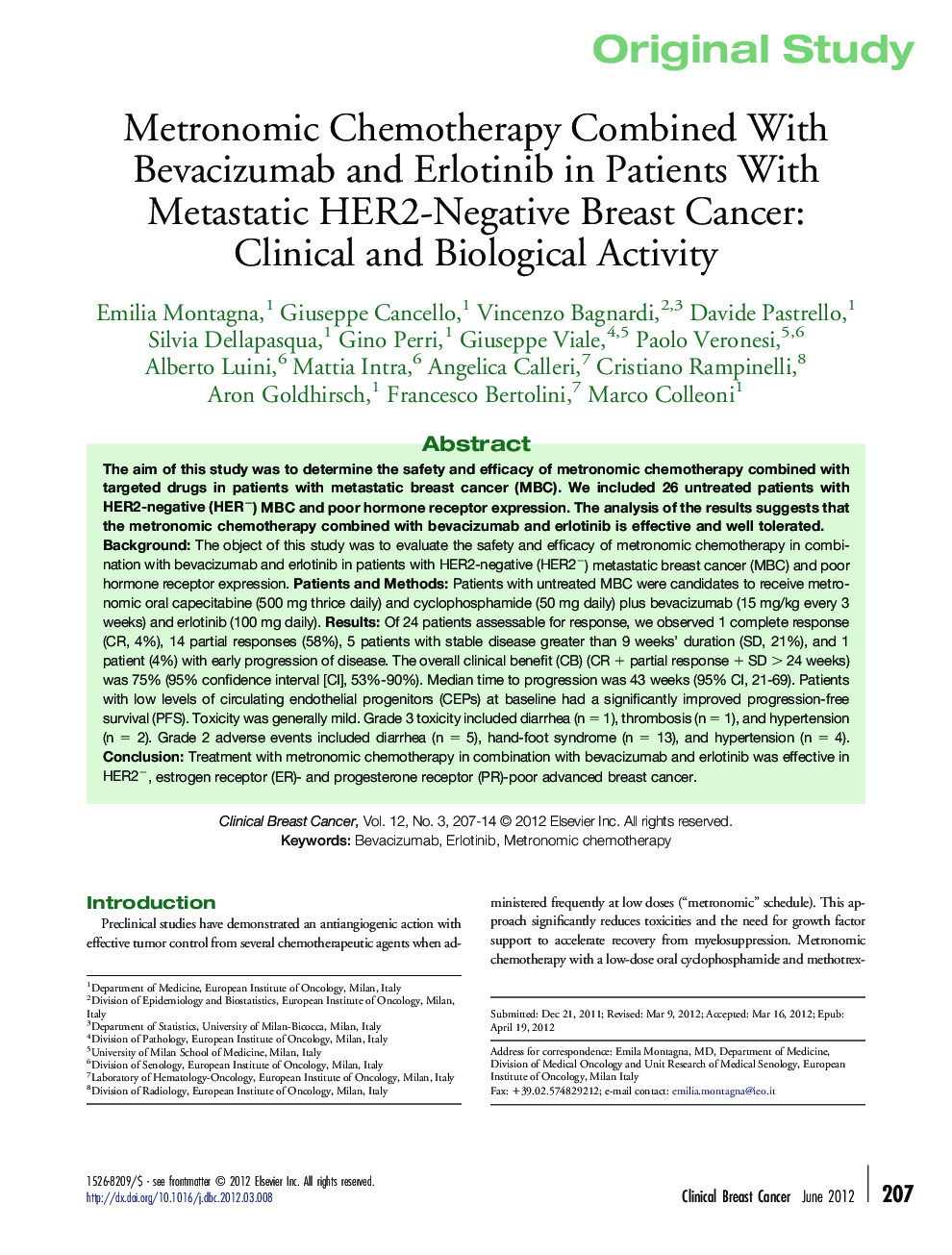 Metronomic Chemotherapy Combined With Bevacizumab and Erlotinib in Patients With Metastatic HER2-Negative Breast Cancer: Clinical and Biological Activity