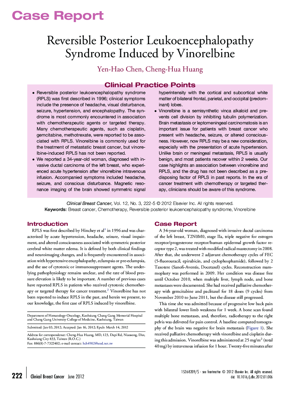 Reversible Posterior Leukoencephalopathy Syndrome Induced by Vinorelbine