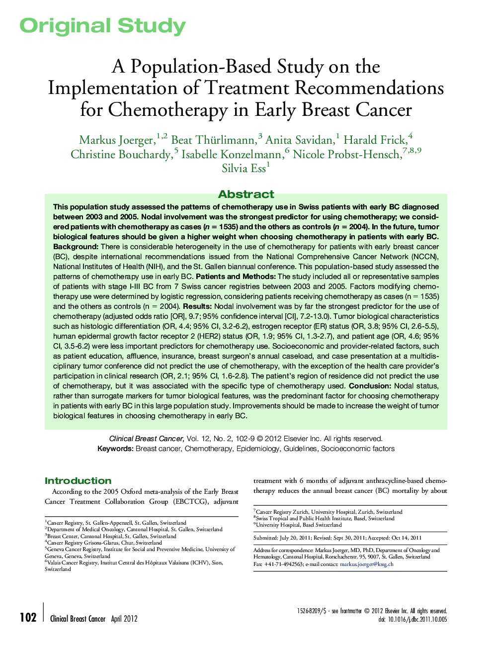 A Population-Based Study on the Implementation of Treatment Recommendations for Chemotherapy in Early Breast Cancer