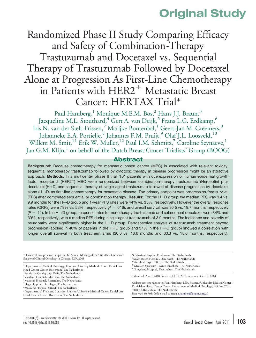 Randomized Phase II Study Comparing Efficacy and Safety of Combination-Therapy Trastuzumab and Docetaxel vs. Sequential Therapy of Trastuzumab Followed by Docetaxel Alone at Progression As First-Line Chemotherapy in Patients with HER2+ Metastatic Breast C