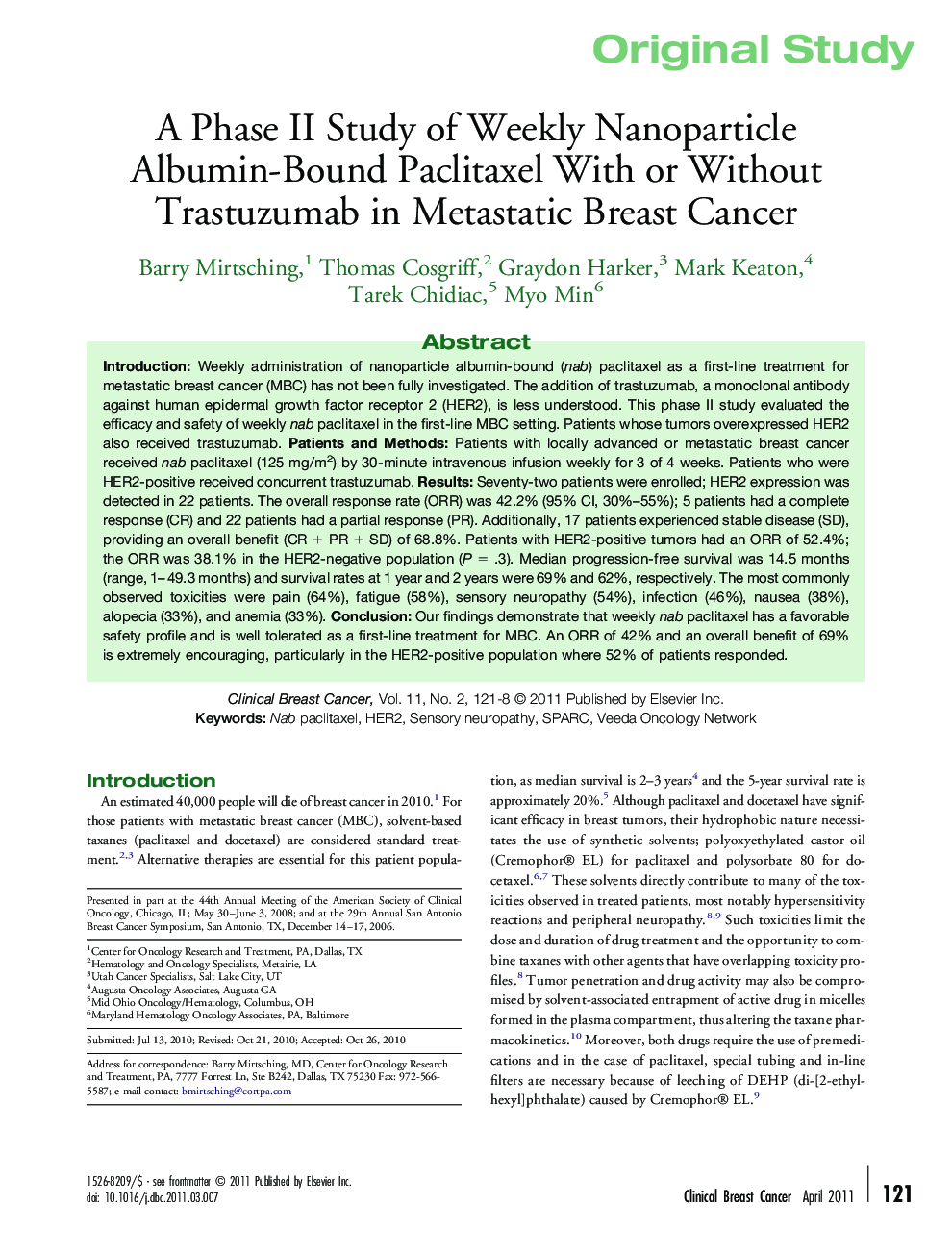 A Phase II Study of Weekly Nanoparticle Albumin-Bound Paclitaxel With or Without Trastuzumab in Metastatic Breast Cancer