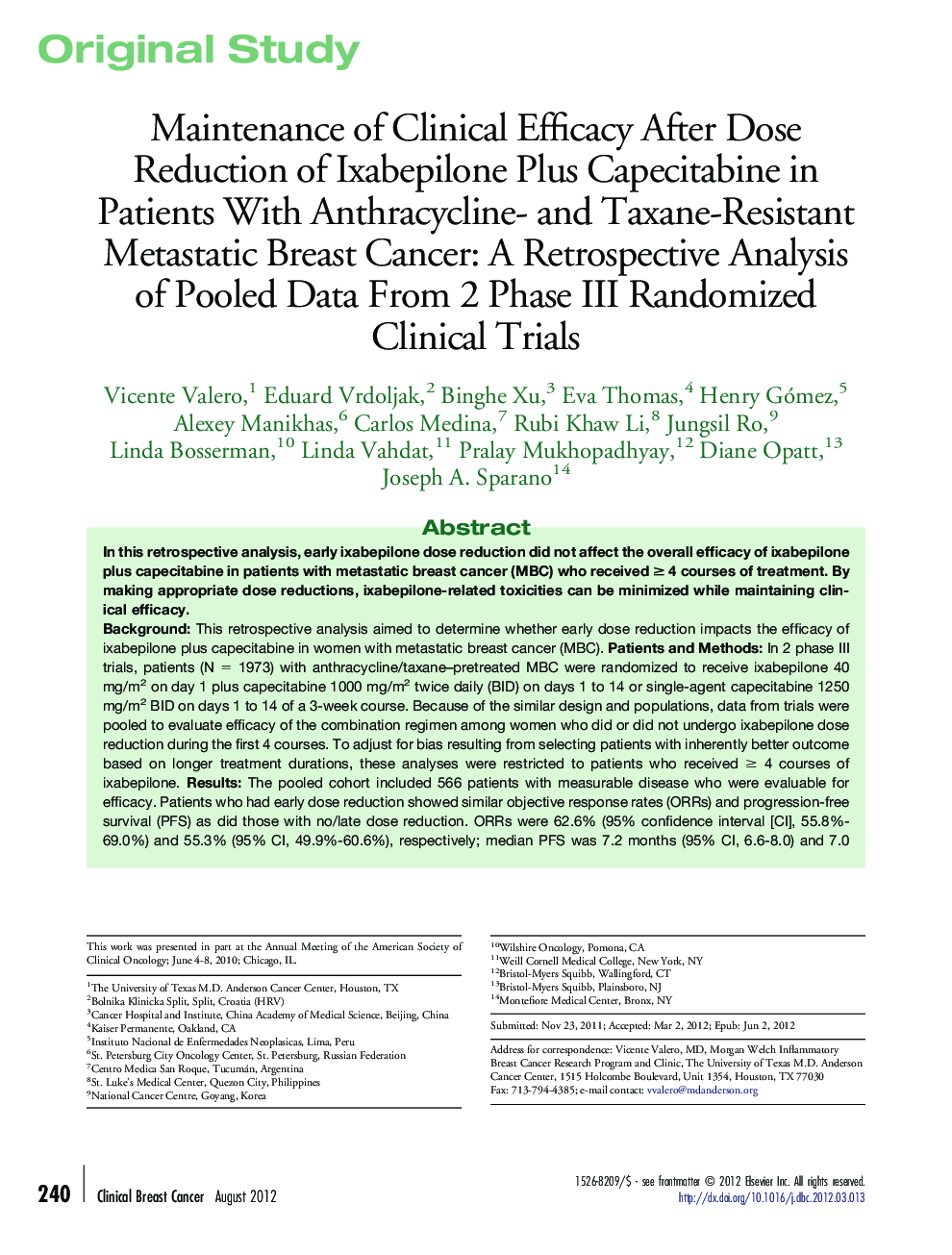 Maintenance of Clinical Efficacy After Dose Reduction of Ixabepilone Plus Capecitabine in Patients With Anthracycline- and Taxane-Resistant Metastatic Breast Cancer: A Retrospective Analysis of Pooled Data From 2 Phase III Randomized Clinical Trials