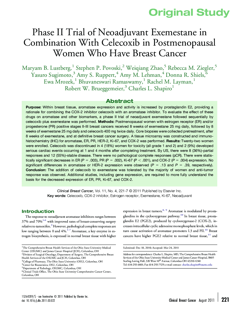 Phase II Trial of Neoadjuvant Exemestane in Combination With Celecoxib in Postmenopausal Women Who Have Breast Cancer