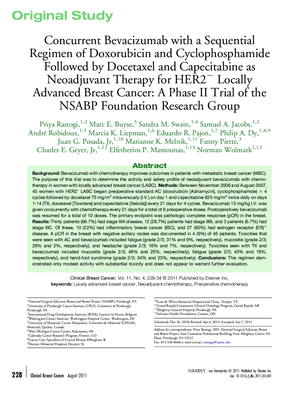 Concurrent Bevacizumab with a Sequential Regimen of Doxorubicin and Cyclophosphamide Followed by Docetaxel and Capecitabine as Neoadjuvant Therapy for HER2− Locally Advanced Breast Cancer: A Phase II Trial of the NSABP Foundation Research Group
