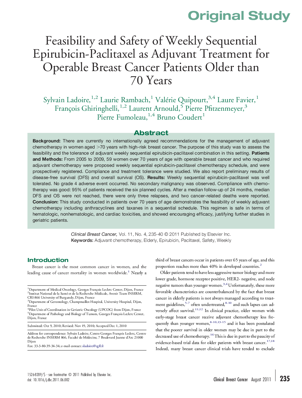 Feasibility and Safety of Weekly Sequential Epirubicin-Paclitaxel as Adjuvant Treatment for Operable Breast Cancer Patients Older than 70 Years