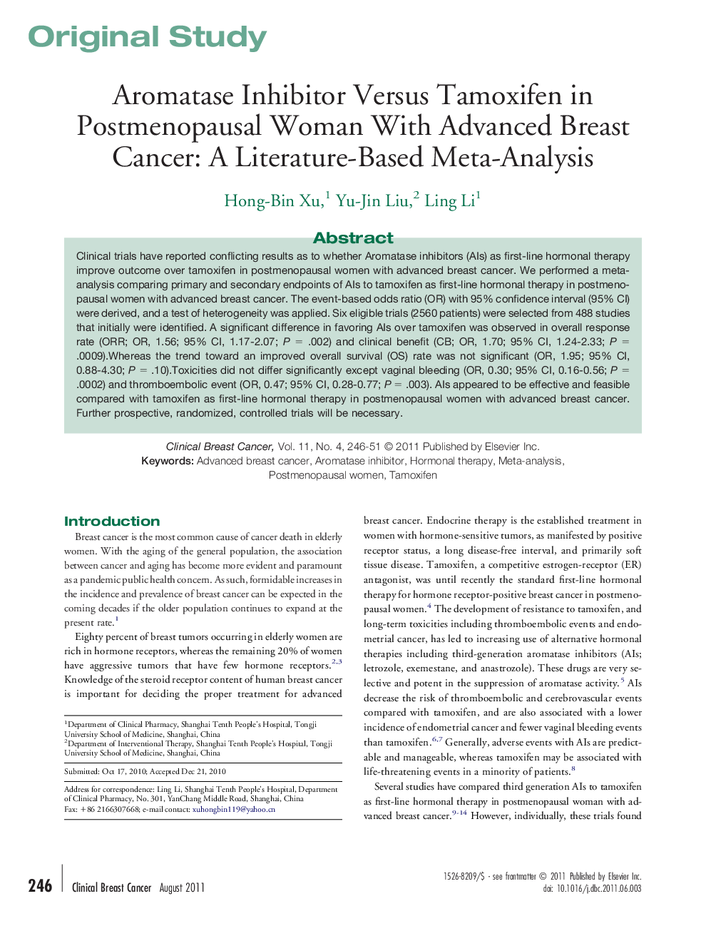 Aromatase Inhibitor Versus Tamoxifen in Postmenopausal Woman With Advanced Breast Cancer: A Literature-Based Meta-Analysis